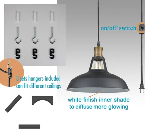 Miniatura 6 de CLAXY Lámparas colgantes enchufables Lámpara colgante ajustable con pantalla de granero negro Interruptor de encendido/apagado Lámpara colgante