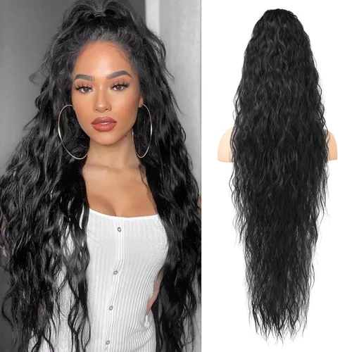 LONAI Extensión de Cola de Caballo, 34" Negro Largo Ondulado con Cordón Extensiones de Cola de Caballo, DP001 Más Suave Más Ligero 80% Importación