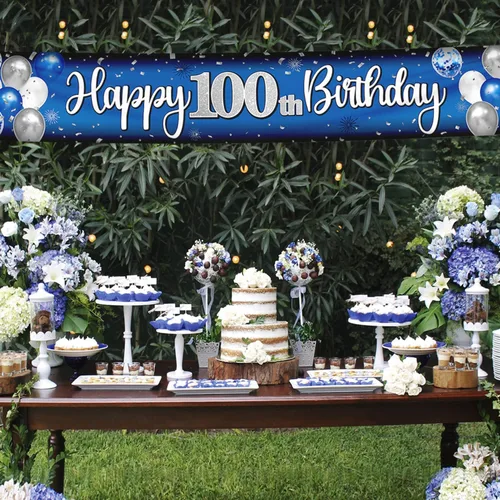 Miniatura 3 de Decoración de feliz cumpleaños número 100, globo azul y plateado número 100, cartel grande de telón de fondo de cumpleaños, suministros para fiesta