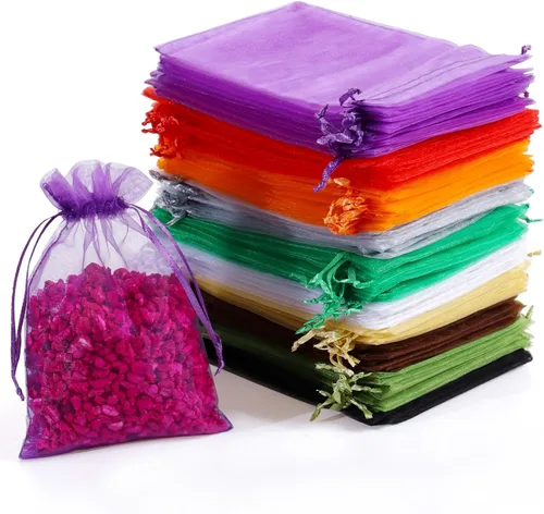 Hopttreely 100 bolsas de organza transparente, bolsas de recuerdos de boda de colores mixtos con cordón, bolsas de regalo de joyería de 4 x 6 Multi