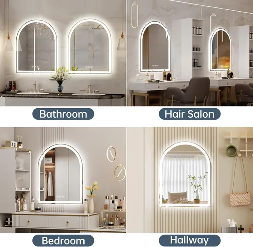 Miniatura 9 de Espejo LED arqueado para baño de 24 x 30 pulgadas, espejo de baño LED sin marco con luces, sin niebla, regulable, 3 cambios de color, inastillable
