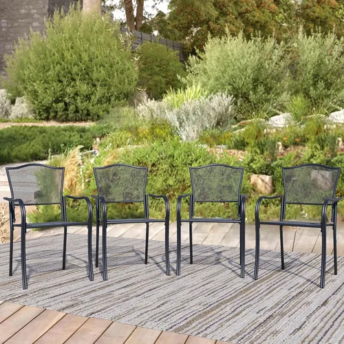 Miniatura 10 de Juego de 2 sillas de comedor para patio, sillas de comedor apilables negras para exteriores, juego de muebles de patio de metal para jardín, patio