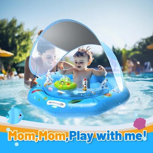 Miniatura 4 de Flotador de piscina para bebé con toldo y consola de juguetes, asiento seguro ajustable, parasol UPF50+ extraíble, flotador de piscina infantil