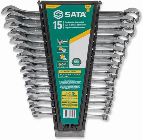 SATA Juego de llaves combinadas de 15 piezas de 12 puntos | Tamaños métricos de 0.315 in a 0.866 in | Carga fuera de esquina | ST08410G
