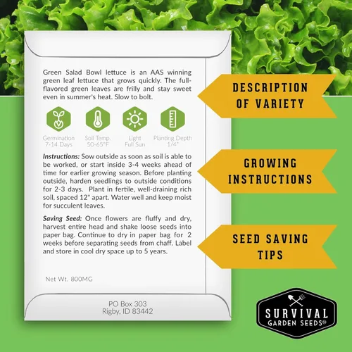 Miniatura 2 de Survival Garden Seeds Colección 5 Verduras Bóveda de Semillas – Cultiva Vegetales de Hoja Verde Reliquia Sin OGM – Espinaca Viroflay, Rúcula, Col