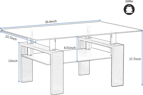 Miniatura 3 de Mesa de centro de vidrio rectangular Meihua de 2 niveles, mesa de té moderna, mesa auxiliar de café para sala de estar (todo negro)