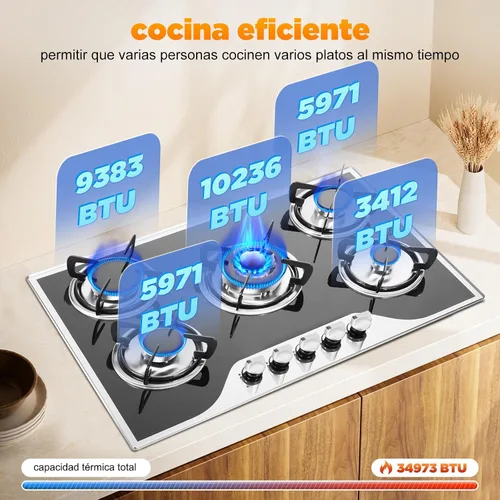 Miniatura 6 de Estufa de gas de 5 quemadores, encimera de acero inoxidable integrada de 30 pulgadas, encimera de acero inoxidable integrada con protección