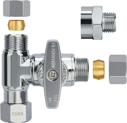 YUHX Válvula Add-A-Tee de parada angular de latón, salida de compresión de 3/8 pulgadas conexión fácil desviador de 3 vías 3/8"x3/8"x1/4" o 3/8"