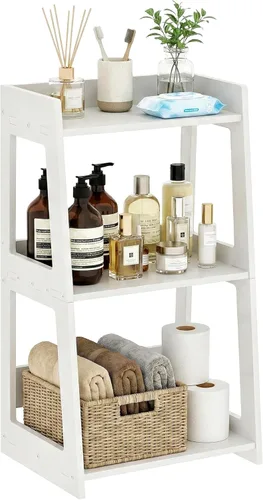 Miniatura 9 de Estante de escalera de baño de 3 niveles independiente, estantes de piso blancos, estantería abierta, mesita de noche pequeña para estudio