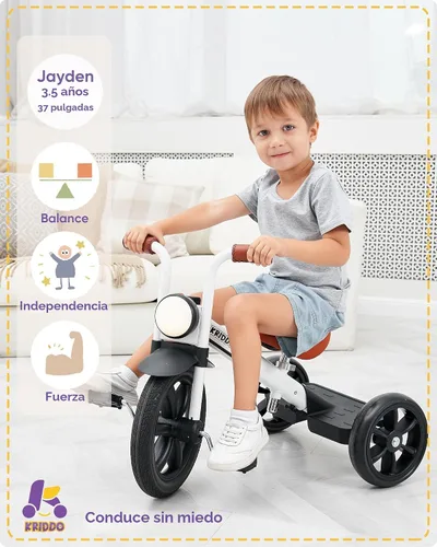 Miniatura 3 de KRIDDO Triciclo para niños, rueda de 12 pulgadas sin riesgo de pinchazos con luz frontal, altura de asiento ajustable, regalo para niños de 2 a 5