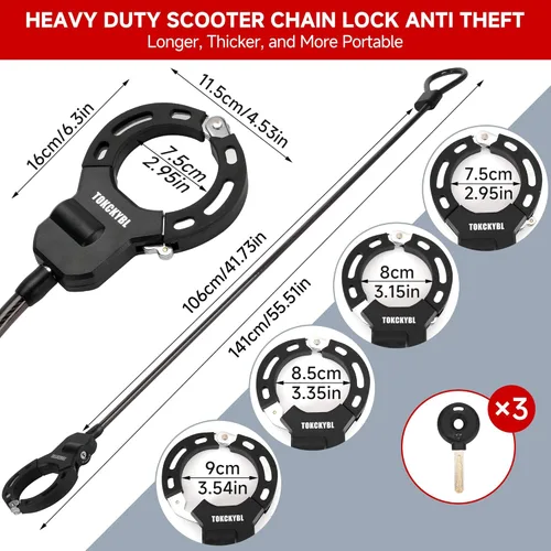 Miniatura 2 de Candado Pesado para Patinete - Candado de Cadena Antirrobo de 8mm con 3 Llaves, Candado de Seguridad Resistente a la Intemperie de 94cm