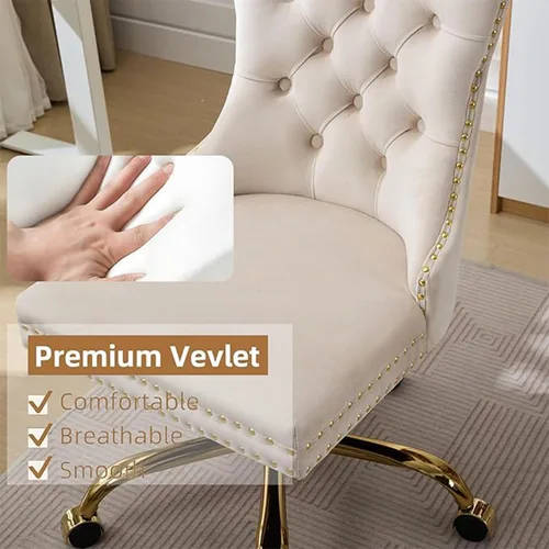 Miniatura 5 de Bonita silla de tocador beige con ruedas, silla de escritorio de oficina cómoda sin brazos de terciopelo para el hogar, silla giratoria