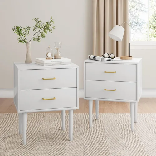 Miniatura 13 de Mesita de noche blanca para dormitorio, juego de 2 mesitas de noche acanaladas, mesa de noche moderna de mediados de siglo con patas de metal dorado