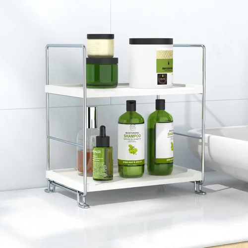 Miniatura 9 de Estante organizador de especias de 2 niveles para baño, estante de almacenamiento de encimera, estante de almacenamiento de cosméticos de pie negro