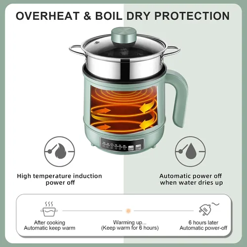 Miniatura 7 de Mini olla caliente inteligente con temporizador y apagado automático 1.2L antiadherente rápido cocina de fideos con cesta de vapor de acero