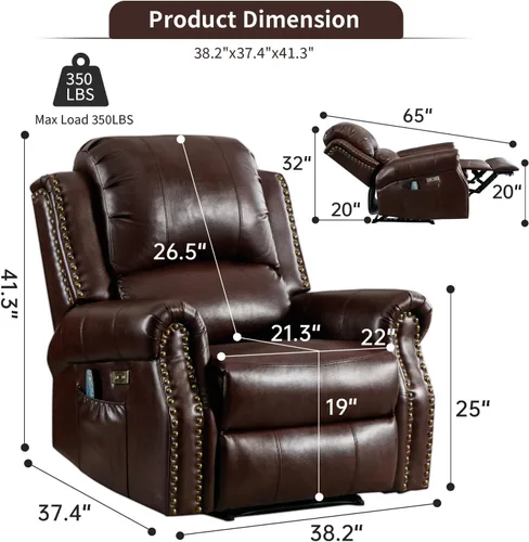 Miniatura 2 de HAOMARKETS Silla reclinable eléctrica clásica con masaje y calor, sillón reclinable eléctrico de piel sintética transpirable con puerto USB, sofá