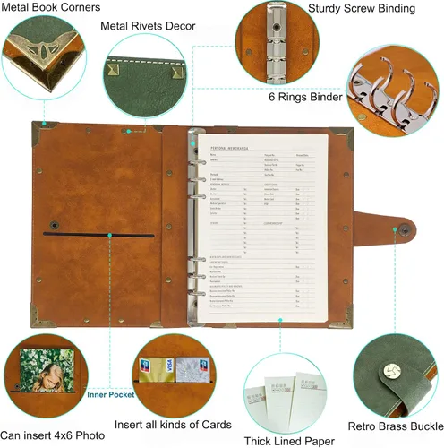 Miniatura 3 de Cuaderno A5 de cuero forrado con 12 marcadores, 6 anillas, planificador A5, cuaderno recargable, bloc de notas, diarios de escritura para niñas