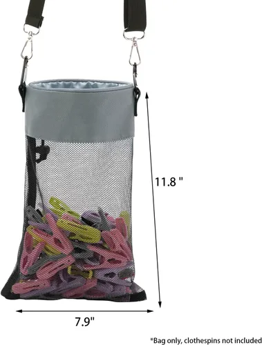 Miniatura 7 de Bolsa de malla con ganchos para colgar ropa con cierre de cordón, soporte para pinzas para ropa, ventilación y resistencia a la humedad, organizador