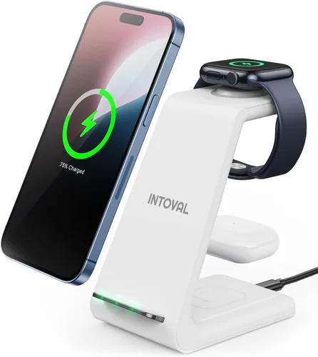 Miniatura 9 de Intoval Estación de carga inalámbrica 3 en 1 para iPhone y Apple Watch, soporte de cargador inalámbrico rápido, base de carga de escritorio compacta