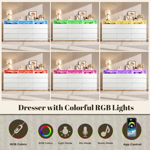 Miniatura 4 de Gyfimoie Cómoda de 9 cajones con toma de corriente, cómoda moderna blanca con luces LED, cómodas de madera con soporte para TV, organizador