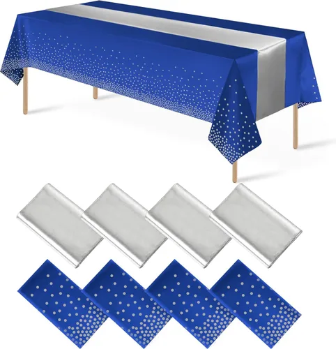 Miniatura 24 de 8 paquetes de manteles de plástico desechables y juego de camino de mesa de satén negro con dorado, mantel de satén dorado para graduación, boda