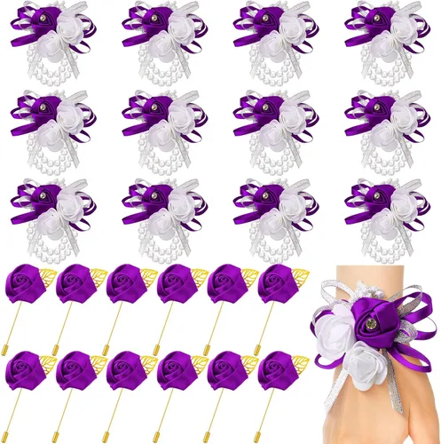 Tigeen Juego de 24 ramilletes de muñeca y boutonniere para hombre, ramillete de muñeca de boda, flor de mano para madre de novia, novia, decoración