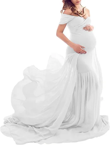 ORQ Vestido de gasa de maternidad con hombros descubiertos para accesorios de fotos, vestido maxi de fotografía para sesión de fotos