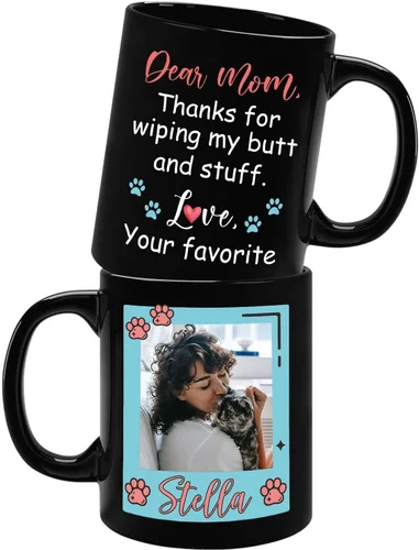 Miniatura 15 de Taza de cerámica negra personalizada para elegir nombre y foto con texto en inglés "Best Cat Dad Ever Just Ask", taza de café personalizada de 11