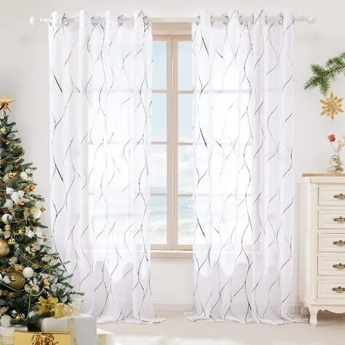 Miniatura 3 de Deconovo - Cortinas translúcidas con patrón de ondas impresas en lámina de aluminio, con aspecto de lino, juego de 2 paneles de cortinas de gasa