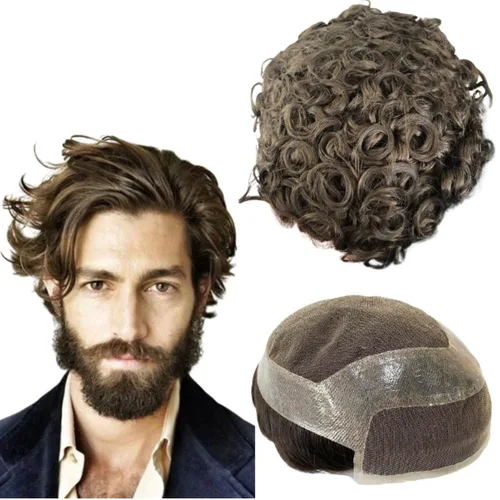 Miniatura 8 de Toupee - Pelucas de cabello humano para hombre, tupé europeo virgen, unidades de cabello humano ondulado, peluca para hombre, sistema de reemplazo