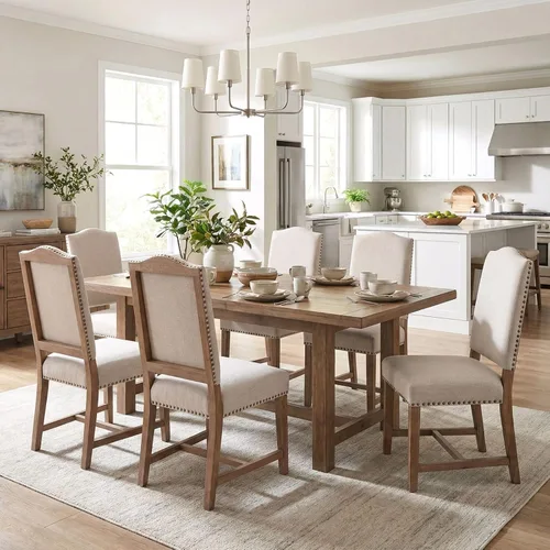 Miniatura 7 de ROCITY Juego de 2 sillas de comedor de lino tapizadas color beige, sillas laterales de cocina con patas de madera y ribete de cabeza de clavo