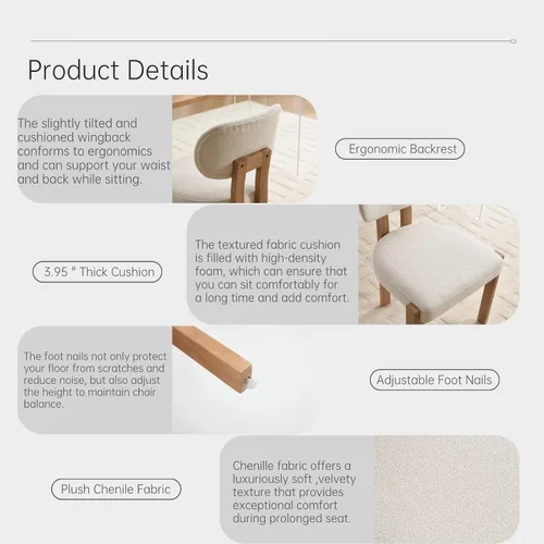 Miniatura 7 de Juego de mesa de comedor moderna para 6, 7 piezas, color crema, mesa de comedor ovalada blanca de 63 pulgadas con 6 sillas beige para apartamento, 1