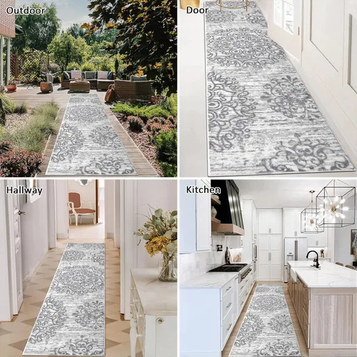 Miniatura 4 de HEBE Alfombra de Pasillo de 2'x8' Lavable, Alfombras de Área Vintage Desgastadas Antideslizantes, Alfombra de Lavandería para Boho, Alfombras de Gris