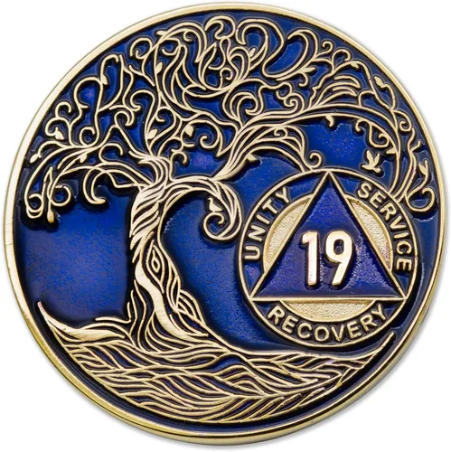 Miniatura 240 de 20 Year Sobriety Mint Twisted Tree of Life - Medallón de recuperación AA chapado en oro, fichas y fichas, color negro