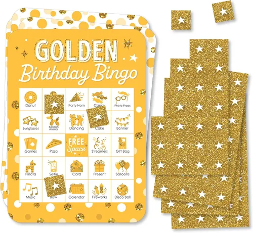 Big Dot of Happiness Golden Birthday - Tarjetas y marcadores de bingo con imágenes - Juego de bingo para fiesta de cumpleaños - Juego de 18