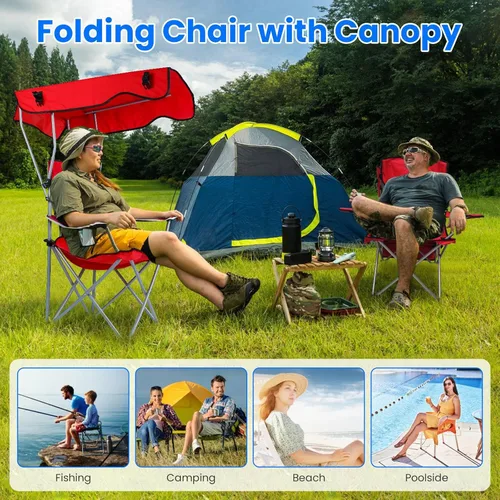 Miniatura 7 de Silla de camping con dosel, silla plegable al aire libre con pantalla ajustable y soporte para tazas, silla de playa resistente para adultos, Rojo