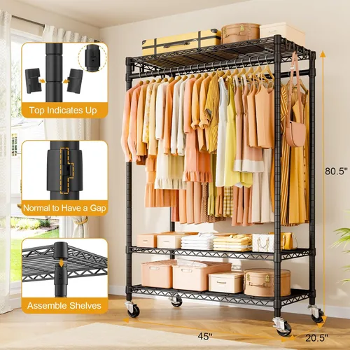 Miniatura 6 de ULIFHOME P7 - Perchero enrollable para ropa, estantes para colgar ropa, estante resistente para prendas con ruedas, estante de clóset portátil de 3