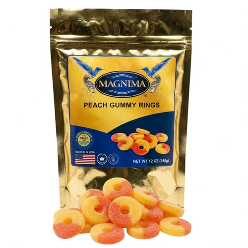 Anillos de goma de durazno, sin gluten, sin grasa, textura suave y masticable, divertido aperitivo gourmet, bolsa resellable de 12 onzas