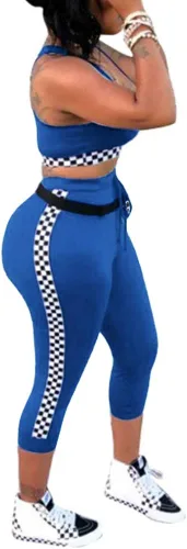 Miniatura 2 de SCORP Conjunto de 2 piezas para mujer con cuello redondo y pantalones ajustados con cordón, Azul Patchwork, M