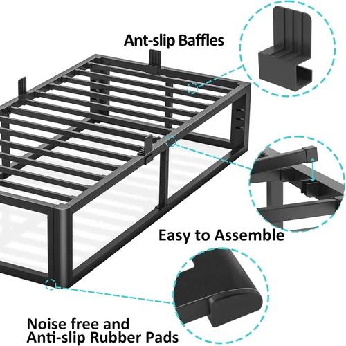 Miniatura 4 de Firpeesy Base de cama individual de metal resistente de 14 pulgadas con esquinas redondeadas y agujero para cabecero, retenedores de colchón de 3500