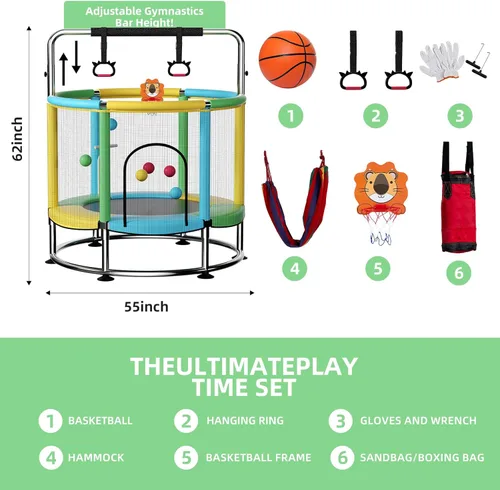 Miniatura 5 de Trampolín de 55 pulgadas para niños, de hasta 440 libras con fondo redondo antivuelco, trampolín para interiores y exteriores con recinto
