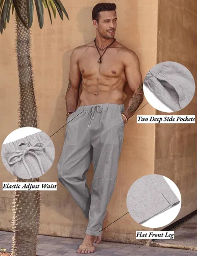 Miniatura 5 de COOFANDY Pantalones harén de lino con cordón para hombre, cintura elástica, ligeros, pantalones hippie, verano, playa, yoga