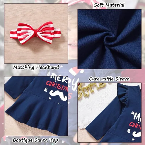 Miniatura 6 de Conjunto de ropa de Navidad con estampado de Papá Noel para niñas pequeñas, conjunto de ropa de Navidad de 3 piezas