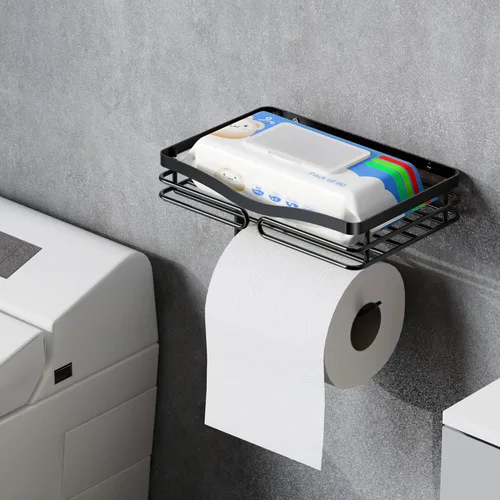 Miniatura 6 de Soporte de papel higiénico con estante de almacenamiento, metal negro, montaje sin taladros, se adapta a toallitas húmedas de tamaño Costco