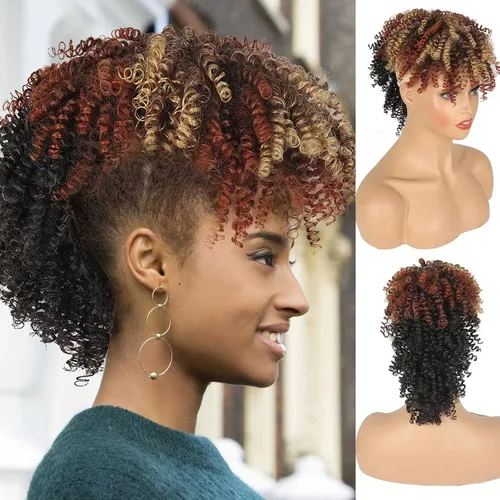 Miniatura 20 de Aisaide Cola de caballo afro Mohawk alta con flequillo sin cordón, extensión de cola de caballo corta rizada sin cordón, clip sintético en moño