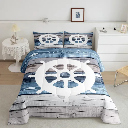 Miniatura 20 de Juego de edredón de brújula azul marino, tamaño individual, 2 piezas, diseño náutico de vela, estilo simple, para niños, adolescentes, adultos