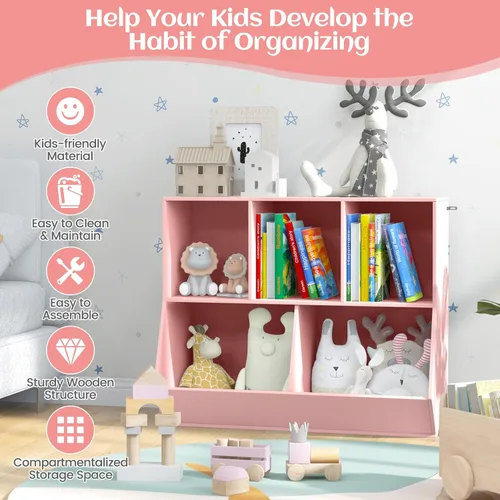 Miniatura 7 de Costzon Organizadores de juguetes y almacenamiento con estantería, estante de madera para libros infantiles de 5 cubículos, gabinete de Rosado
