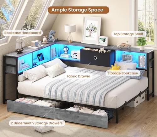 Miniatura 4 de Hasuit - Base de cama esquinera de tamaño matrimonial con cajones de almacenamiento y cabecera con estantería, plataforma de metal, estación