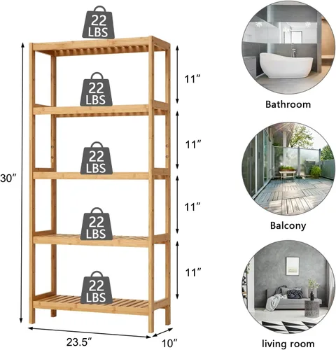 Miniatura 4 de Kinsuite Estante de almacenamiento de bambú de 5 niveles multifuncional de bambú para baño, cocina, sala de estar