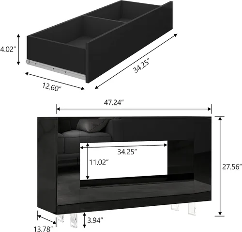 Miniatura 7 de Mueble de TV de alto brillo con 2 cajones grandes y puertas abiertas, moderno mueble de almacenamiento para consola de TV para sala de estar, Negro